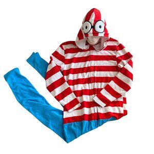 Where’s Waldo Adult Costume Fleece Jumpsuit Sz L Cosplay Novelty Playful Cozy‎